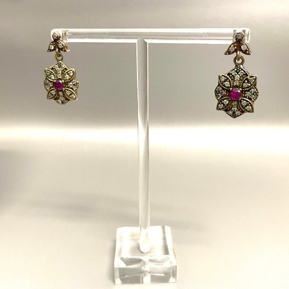 Turkish Sterling Silver Genuine Ruby Simulated White Topaz Dangle Earrings EUC - Picture 9 of 11